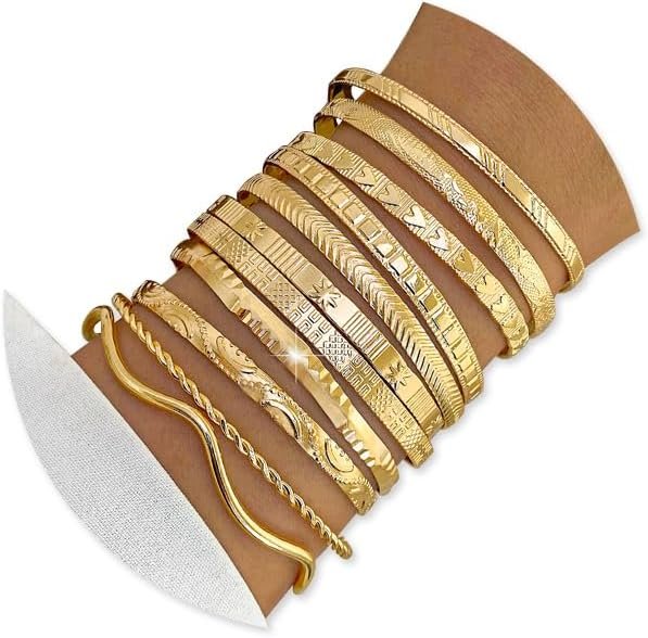 KISS WIFE Golden Bangles for Women, Adjustable Bangle Bracelets, Multi Layer Open Stackable Cuff Bracelet Set, Fashion Accessories Jewelry Gifts for Women