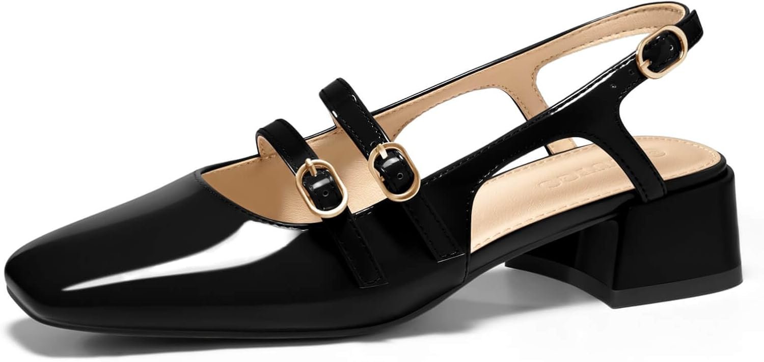 Coutgo Women’s Mary Jane Chunky Low Heels Slingback Pumps Closed Square Toe Wedding Dress Shoes