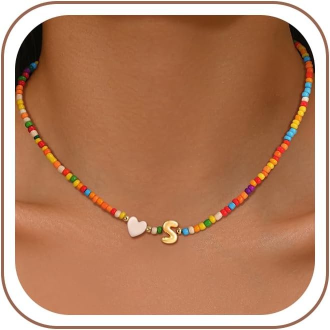 Colorful Initial Necklaces for Girls Women, 14K Gold Plated Bubble Initial Pendant Heart Shell Necklace Jewelry Valentines Gifts for Teen Girls Kids