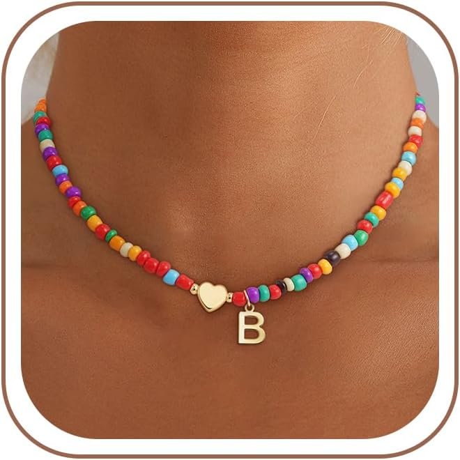 Eaciy Colorful Initial Necklaces for Girls Women Kids – Teen Girls Gifts Trendy Beaded Initial Necklace Dainty Letter Gifts Choker Necklace for Girl Jewelry