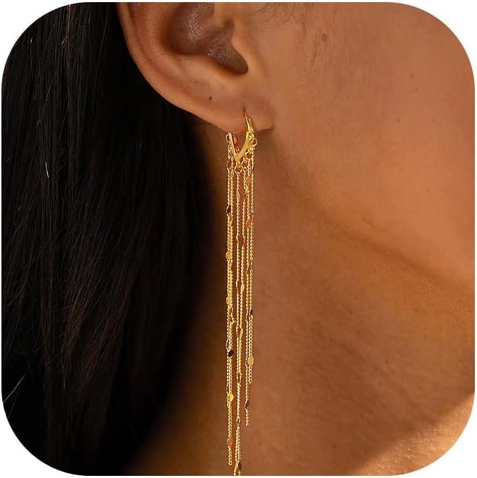 Robaice Gold Long Prom Earrings for Women, 14K Gold Plated Pearl Dangle Drop and Chain Tassel Threader Earrings Dangling，Rhinestone Zirconia Hypoallergenic Bride Party Prom Gold jewelry，Women Gifts