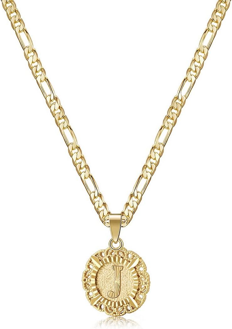 KissYan Initial Necklaces for Women, 14K Gold Plated Round Letter Pendant Capital Monogram Necklace Alphabets from A-Z Figaro Chain Jewelry
