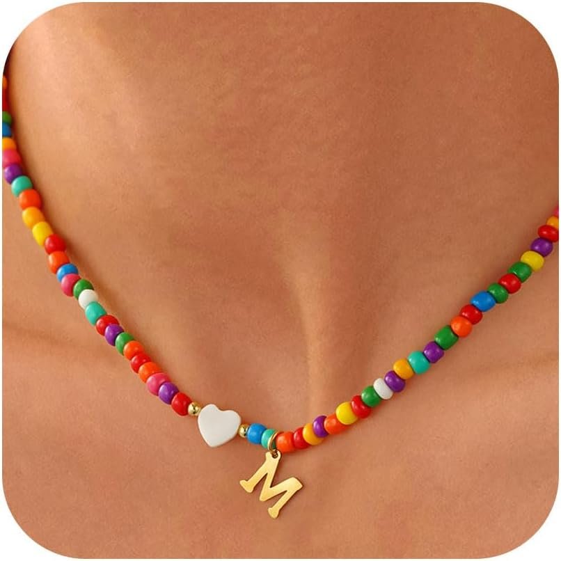 Fashionable Gifts for Teenagers -Unique Colorful Initial Necklaces for Girls Women Kids, Teen Girls Gifts Trendy Stuff Beaded Initial A-Z Necklace Dainty Letter Choker Necklace for Girl Gift Jewelry