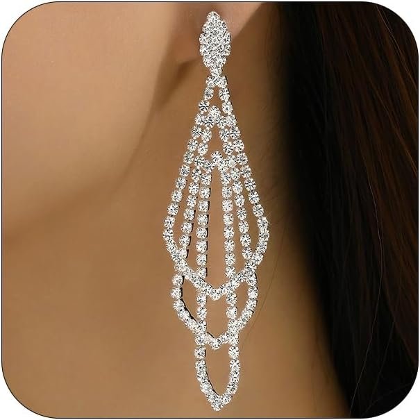Sparkly Silver Crystal Dangly Earrings for Women Trendy, Statement Cubic Zirconia Drop Dangle Earring Long Rhinestone Tassel Party Prom Ear Jewelry Gift