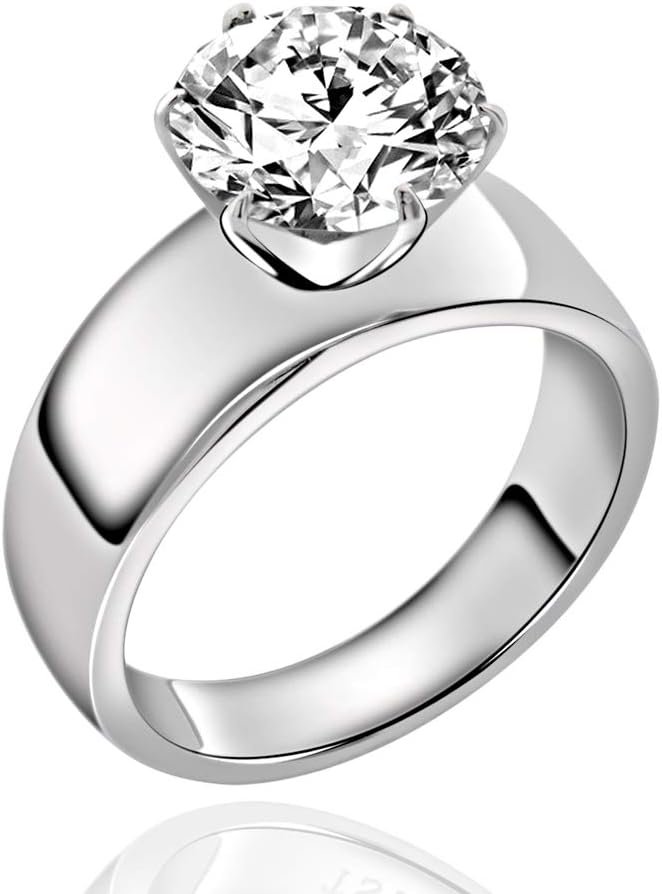 Stainless Steel 4 Carat Round Cubic Zirconia CZ Engagement Women Wedding Solitaire Promise Bands Ring