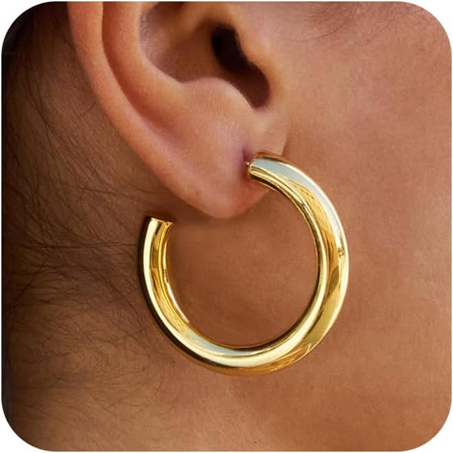 Gold Earrings Hoops: 14K Gold Chunky Earrings, Non Tarnish, Lightweight, Open Tube Design, Hypoallergenic, Trendy Minimalist, 20/30/35/40/45/50MM