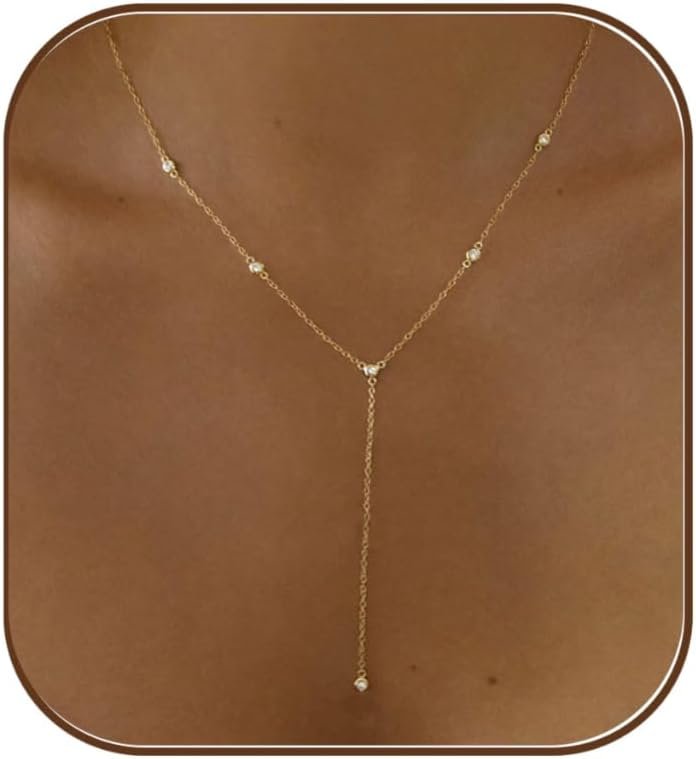 Gold Necklace for Women, Dainty Gold Long Necklaces 14k Gold Plated Prom Lariat Necklace Cute Choker Necklaces for Women Trendy Stuff Fashion Costume Gold Accessories Christmas Jewelry Gifts