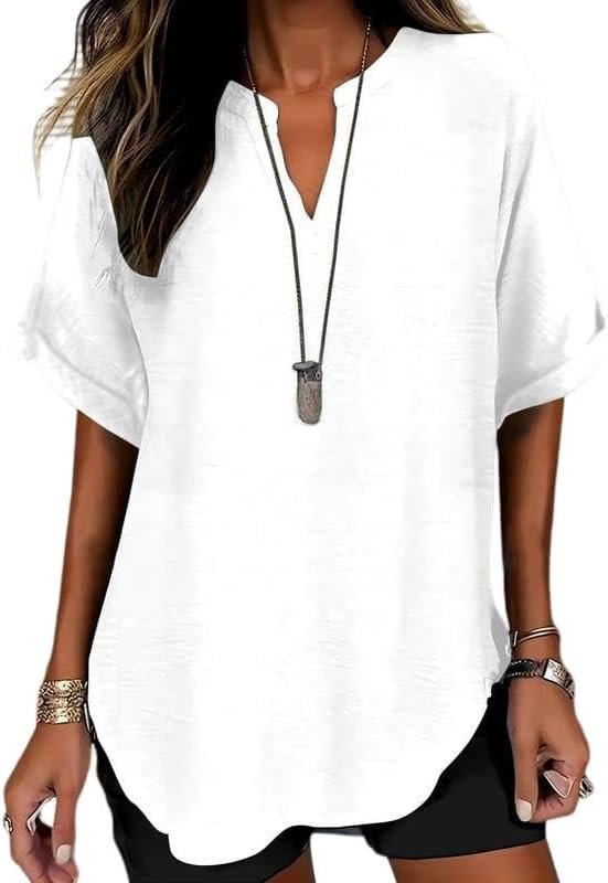Womens Cotton Linen Tops Casual Half Sleeve Crew V Neck Blouse Shirt Loose Fit Breathable Summer Tee