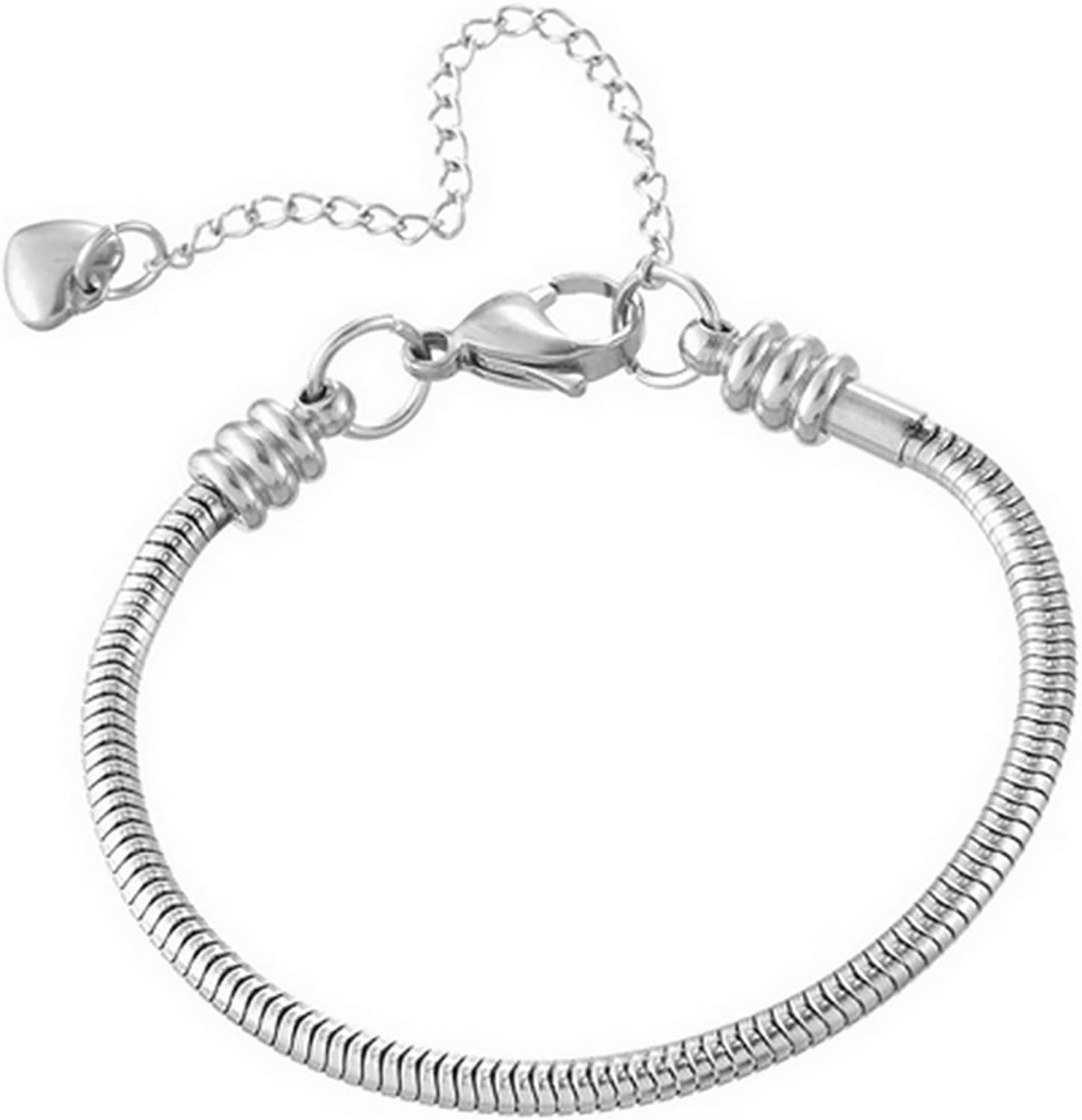 TGLS Women European Charm Bracelet Stainless Steel 7″ Snake Chain Bracelet Fits Charms Bead