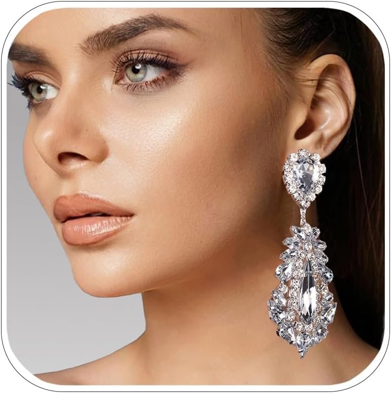 Prom Silver Chandelier Earrings for Women Dangling Hypoallergenic Large Rhinestone Drop Earrings Formal Wedding Jewelry