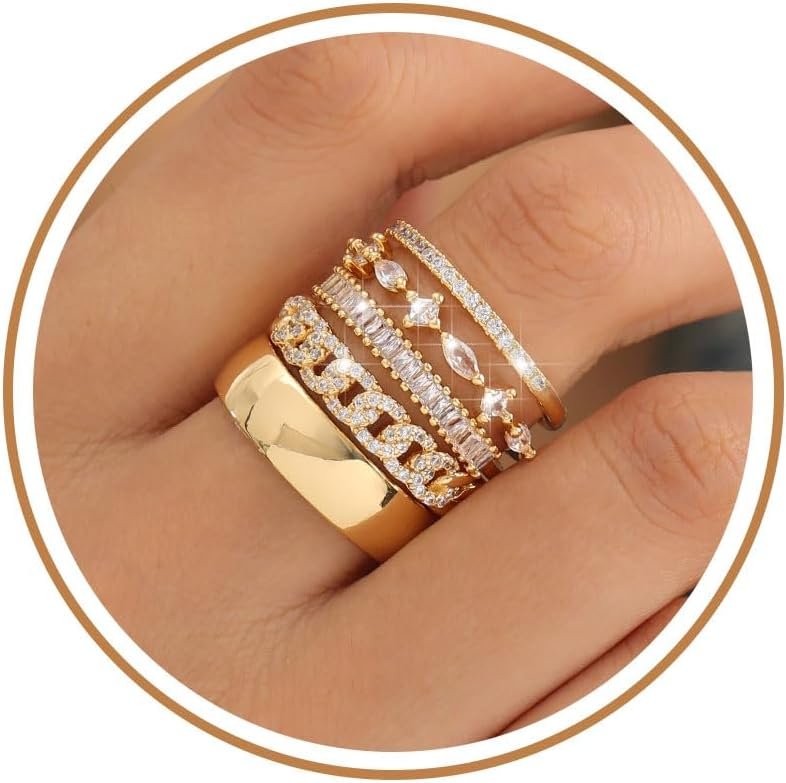 FUNEIA Stackable Gold Rings for Women Non Tarnish Trendy Dainty 14K Gold Plated Stacking Cubic Zirconia Thumb Ring Set Pack Statement Chunky Band Rings Promise Engagement Rings Size 7 8 9 10 11