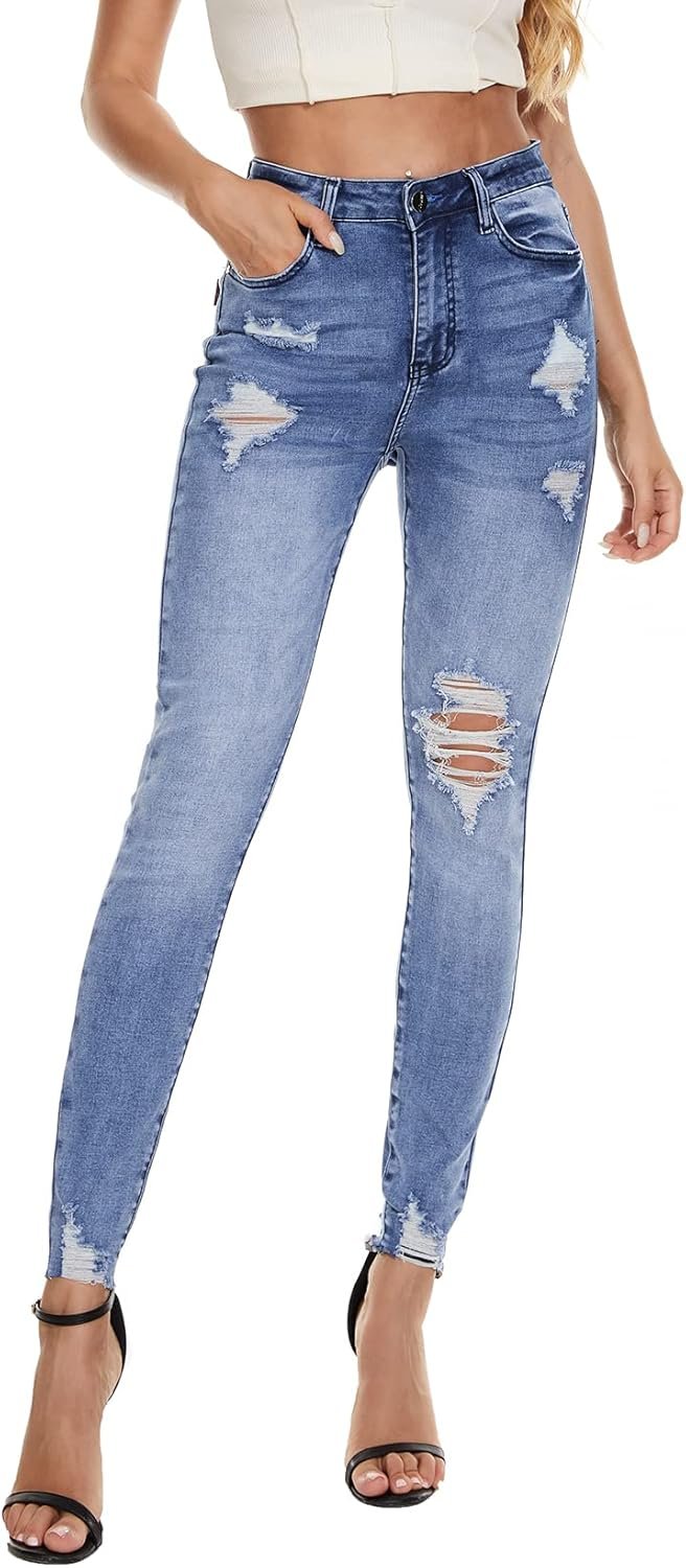 VIPONES Women Classic High Waisted Skinny Jeans for Women Stretch Distressed Butt Lifting Jeans Slim Fit Denim Pants