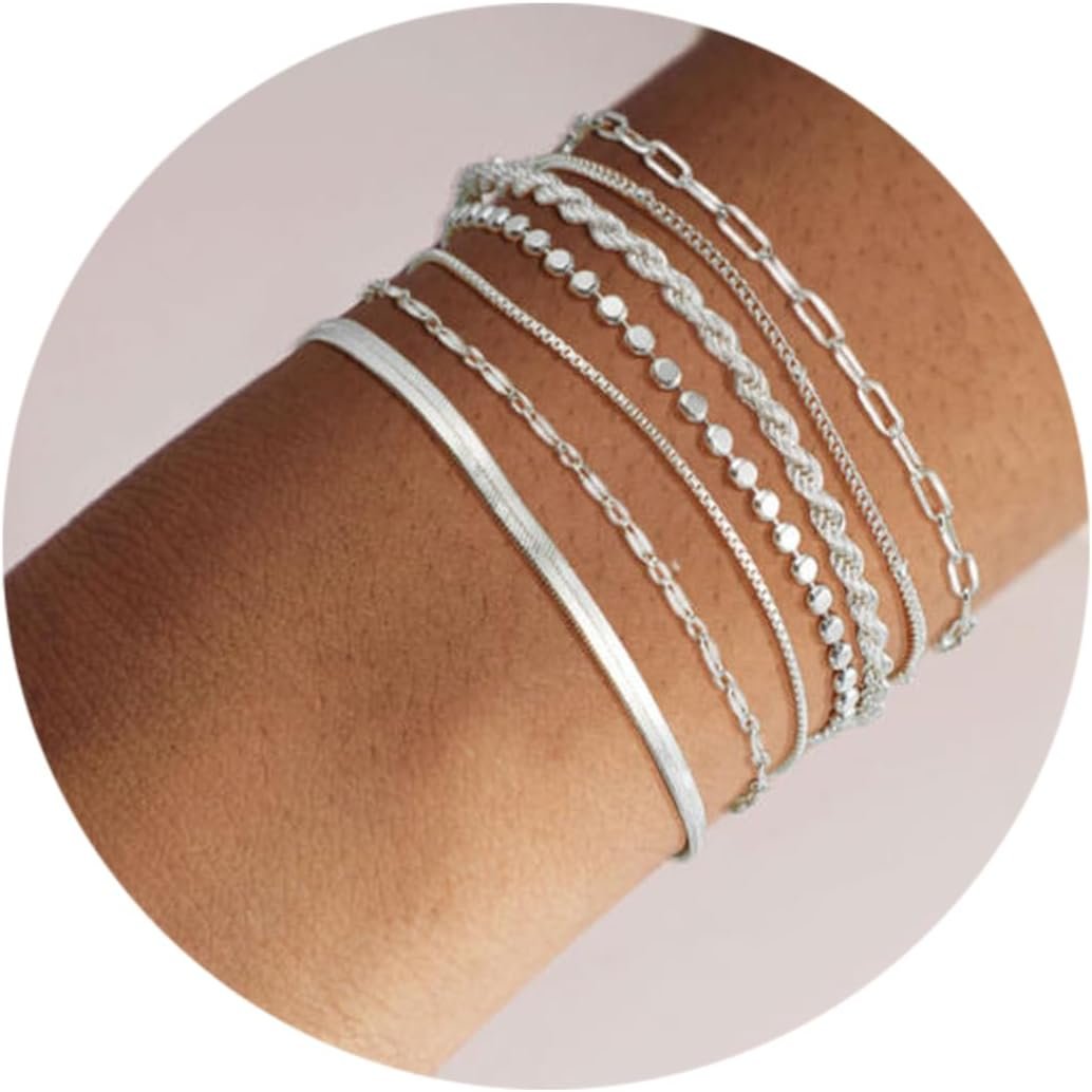 Kyerlyn Silver Bracelets for Women Trendy Waterproof Silver Dainty Bracelet Stack Adjustable Layered Bracelet Set Minimalist Fashion Jewelry