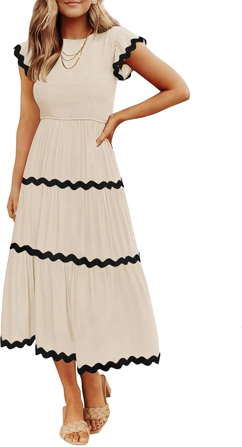 ZESICA Womens Summer Casual Smocked Midi Dress 2026 Flutter Short Sleeve High Waist Tiered Flowy Boho Vacation Dresses
