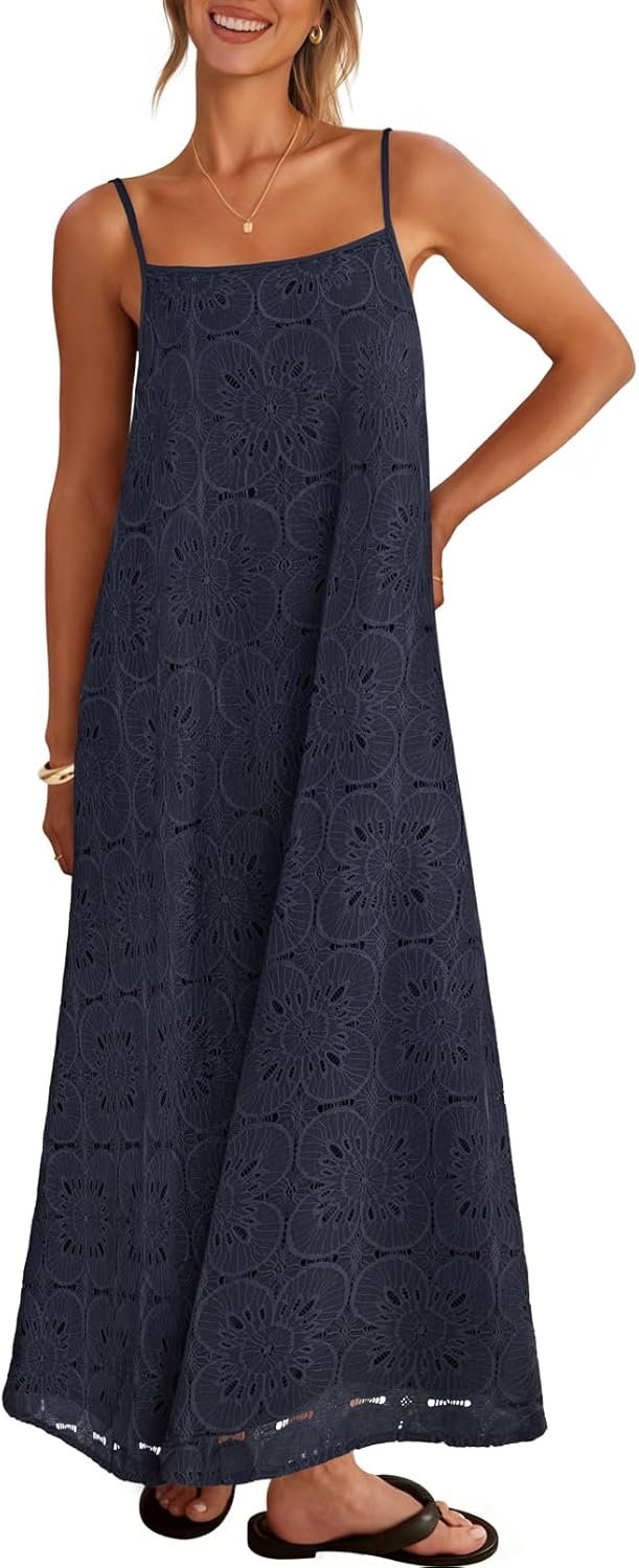 MEROKEETY Women’s Summer Spaghetti Straps Sundress 2026 Casual Sleeveless Floral Lace Eyelet Boho Beach Maxi Dress