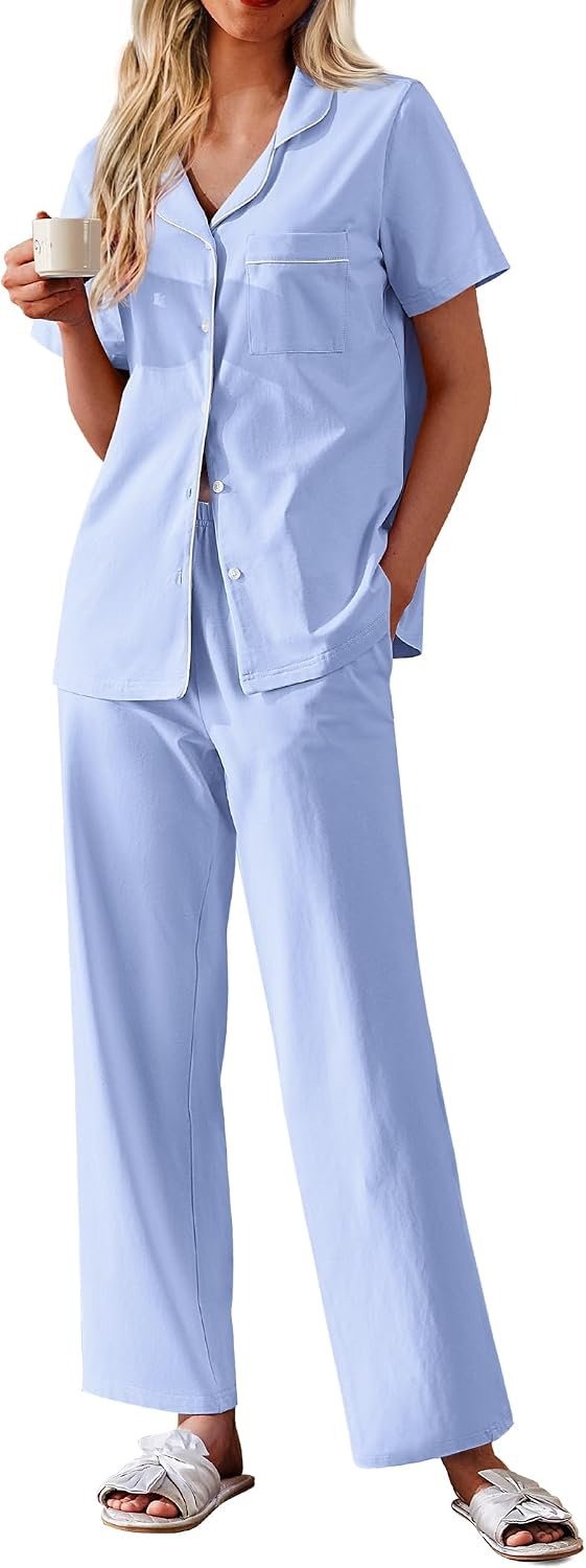 Ekouaer Women’s 100% Cotton Pajamas Set Short Sleeve Button Down Pjs 2 Piece Soft Sleepwear with Long Pants Lounge Set