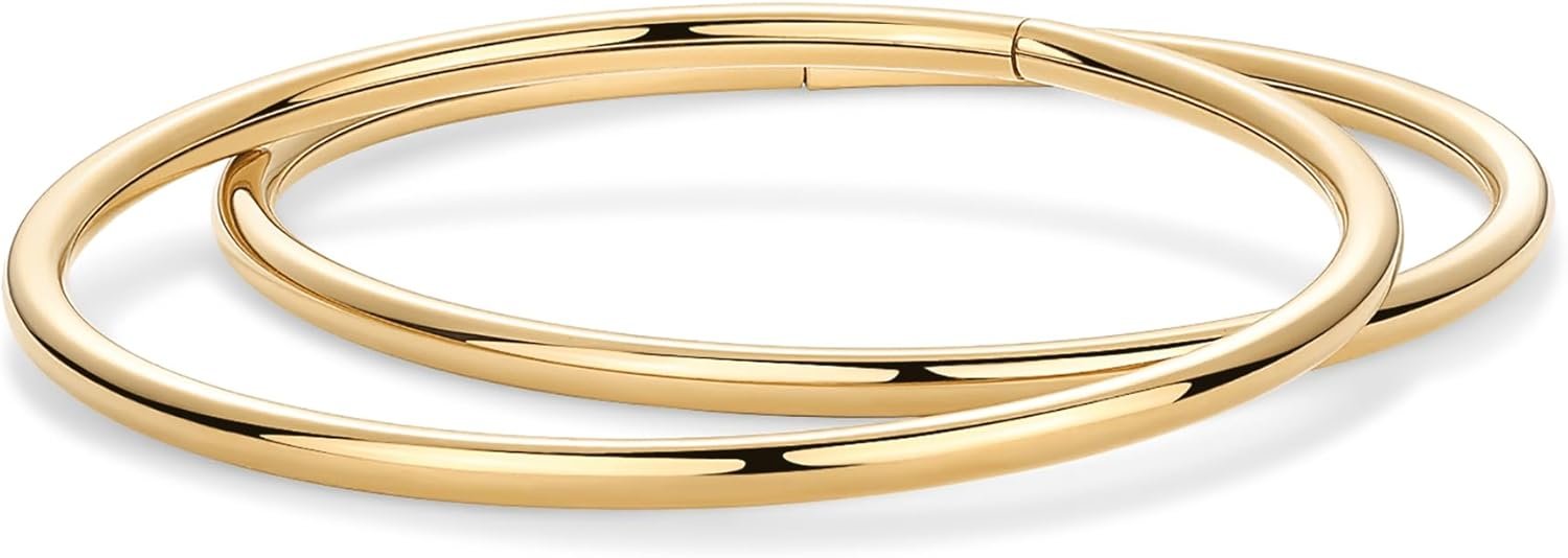 PAVOI Waterproof Bangle Bracelet for Women | 14K Gold Plated Classic Lightweight Stacking Stainless Steel Bracelet | Single & 2-Pack Bangles