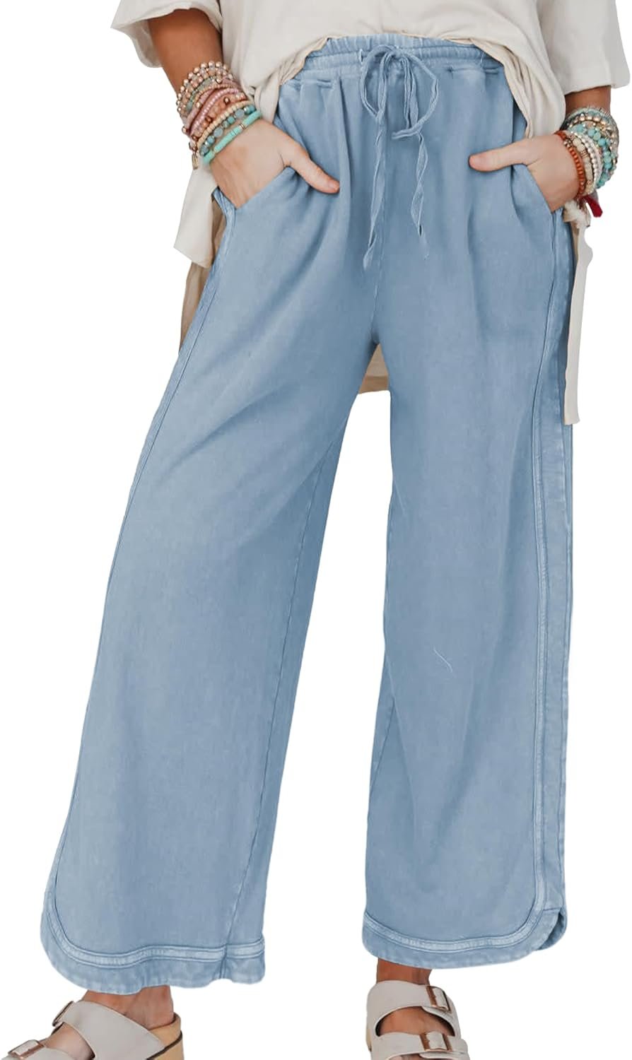 Hixiaohe Women’s Casual Wide Leg Sweatpants High Waist Baggy Acid Wash Pants Drawstring Athletic Palazzo Pants with Pockets