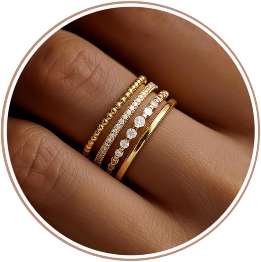 Florideco 14K Gold Plated Stackable Rings for Women Non Tarnish Dainty Cubic Zirconia Thumb Ring Set Silver Plated Stacking Set Statement Promise Band Ring Sets
