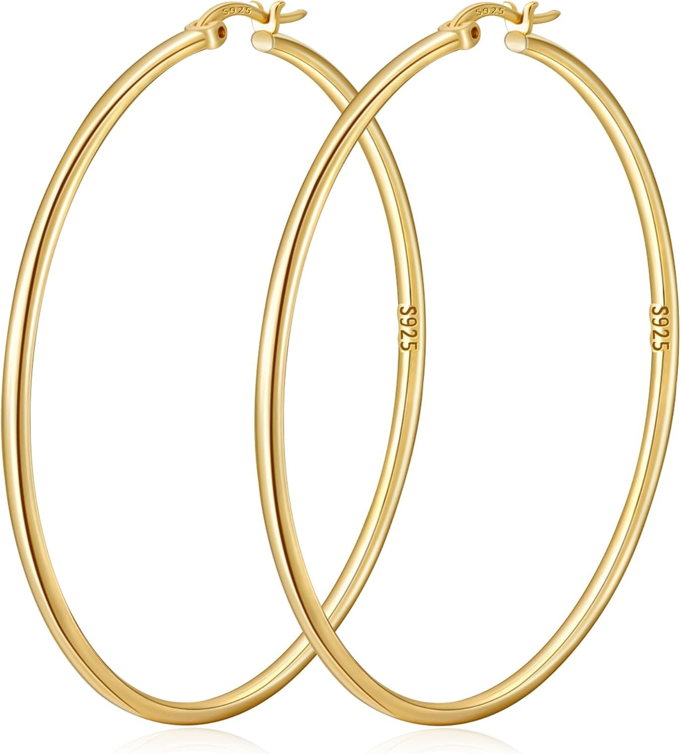 2mm Thin 14K Gold Plated Large S925 Sterling Silver Hoop Earrings for Women Hypoallergenic Big Hoop Non Tarnish Earrings Lightweight 20/30/40/50/60/70mm
