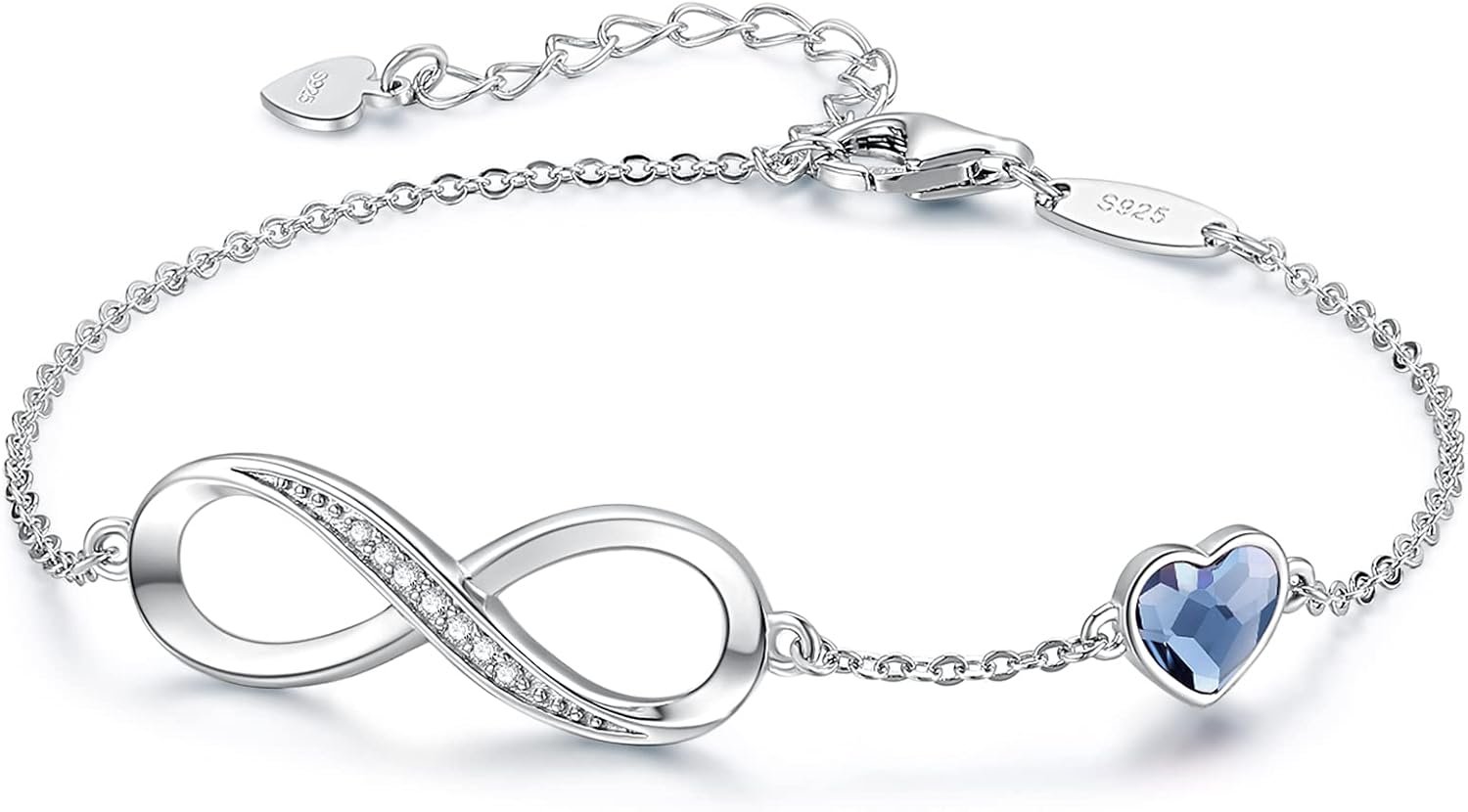 CDE Infinity Heart Birthstone Charm Link Bracelet for Women 925 Sterling Silver Adjustable Mother’s Day Valentine’s Day Christmas Day Gift Anniversary Birthday Jewelry for Wife Girlfriend Her