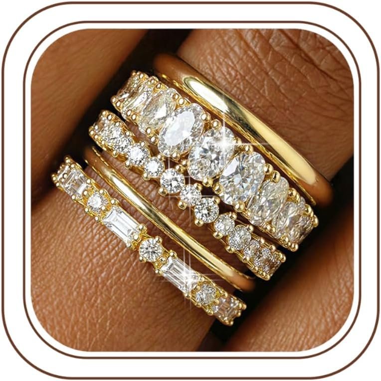 Tungary 14K Gold Plated Stackable Rings for Women Non Tarnish – Dainty Wedding Bands Gold Ring Stack Set Trendy Minimalist Cubic Zirconia Statement Engagement Promise Thumb Stacking Rings Size 5-10