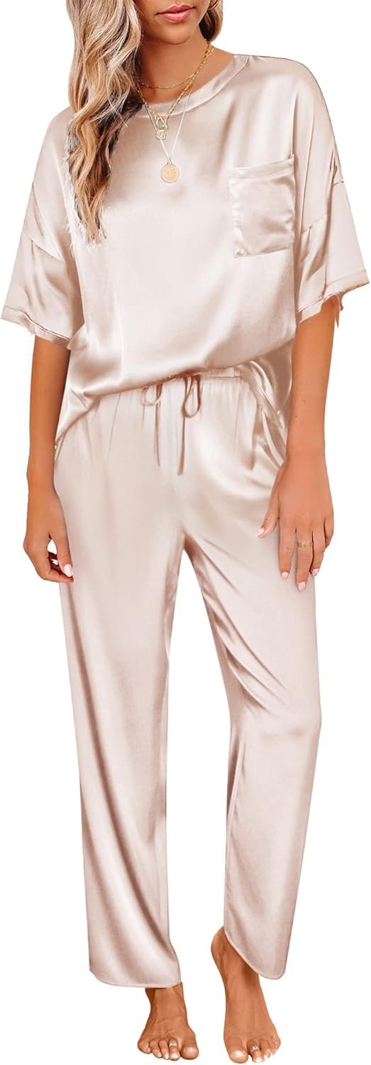 Ekouaer Womens Satin Silky Pajama Set Short Sleeve Shirt with Long Pajama Pant Set Soft PJ Loungewear