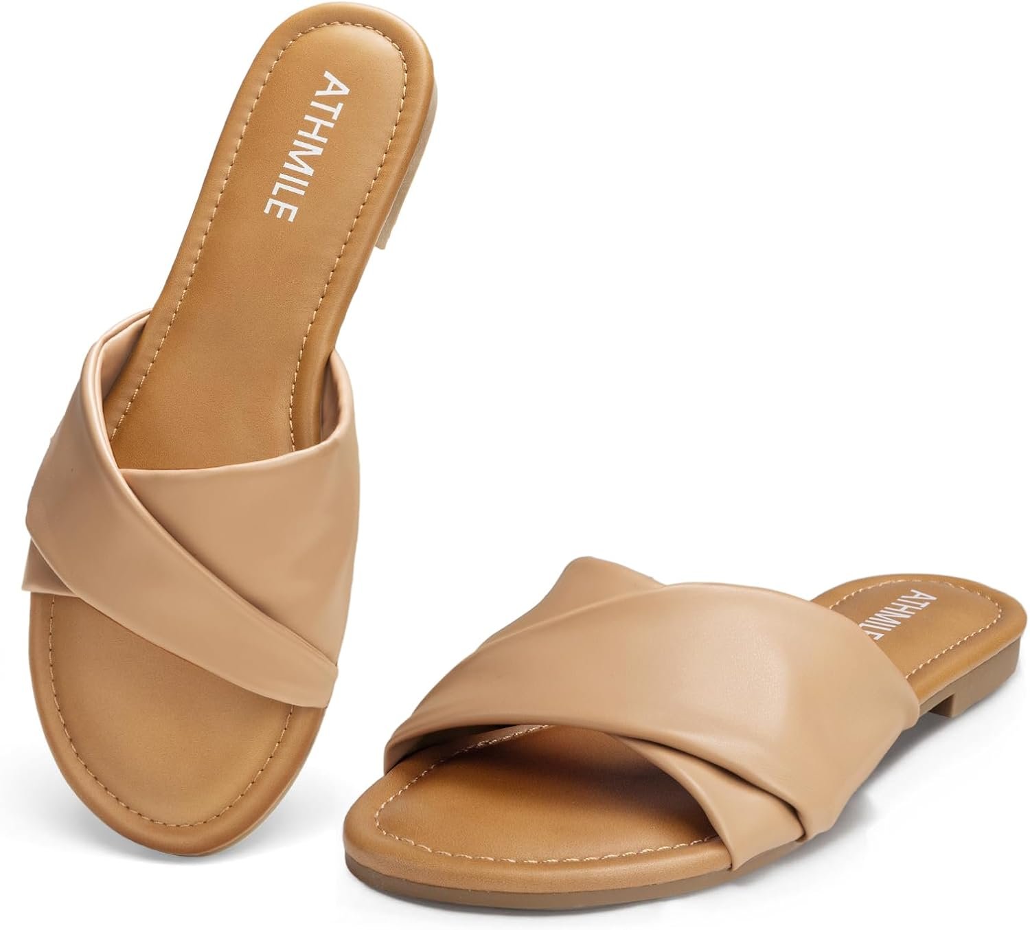 ATHMILE Sandals for Women 2026 Dressy Summer Flat Comfortable Fashion Beach Cute Ladies Slides Leather Casual Dress Women’s Sandals Size 6-11