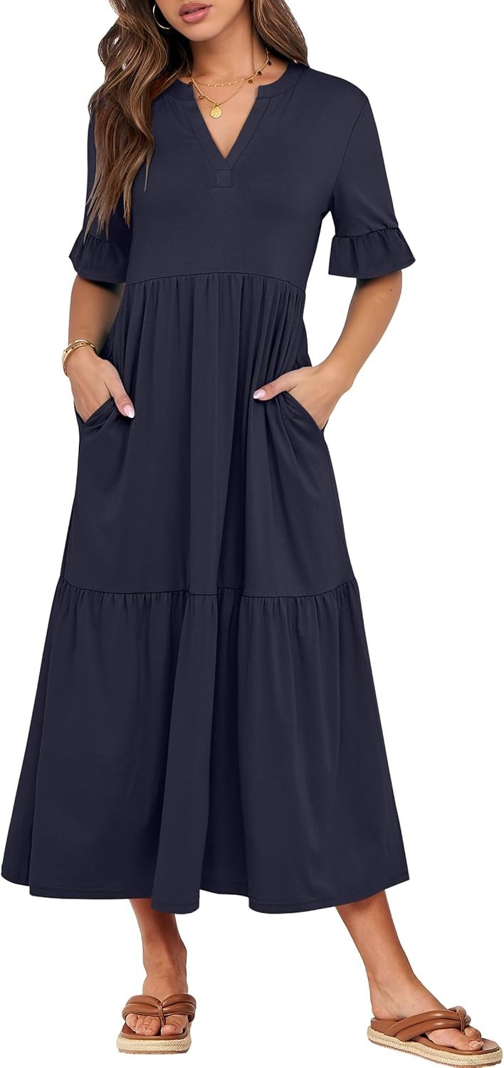 ANRABESS Women’s Ruffle Short Sleeve Maxi Dress, V-Neck Tiered with Pockets, Beach, Vacation, Casual, Flowy Summer Dresses