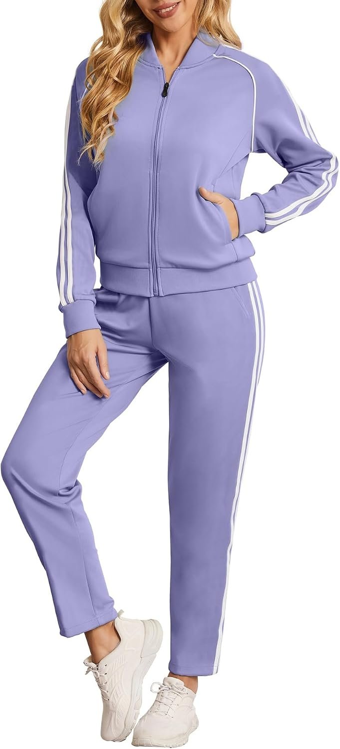 Women’s Tracksuit 2 Piece Outfits Zip Striped Sportswear Long Sleeve Jogger Suits for Women with Pockets
