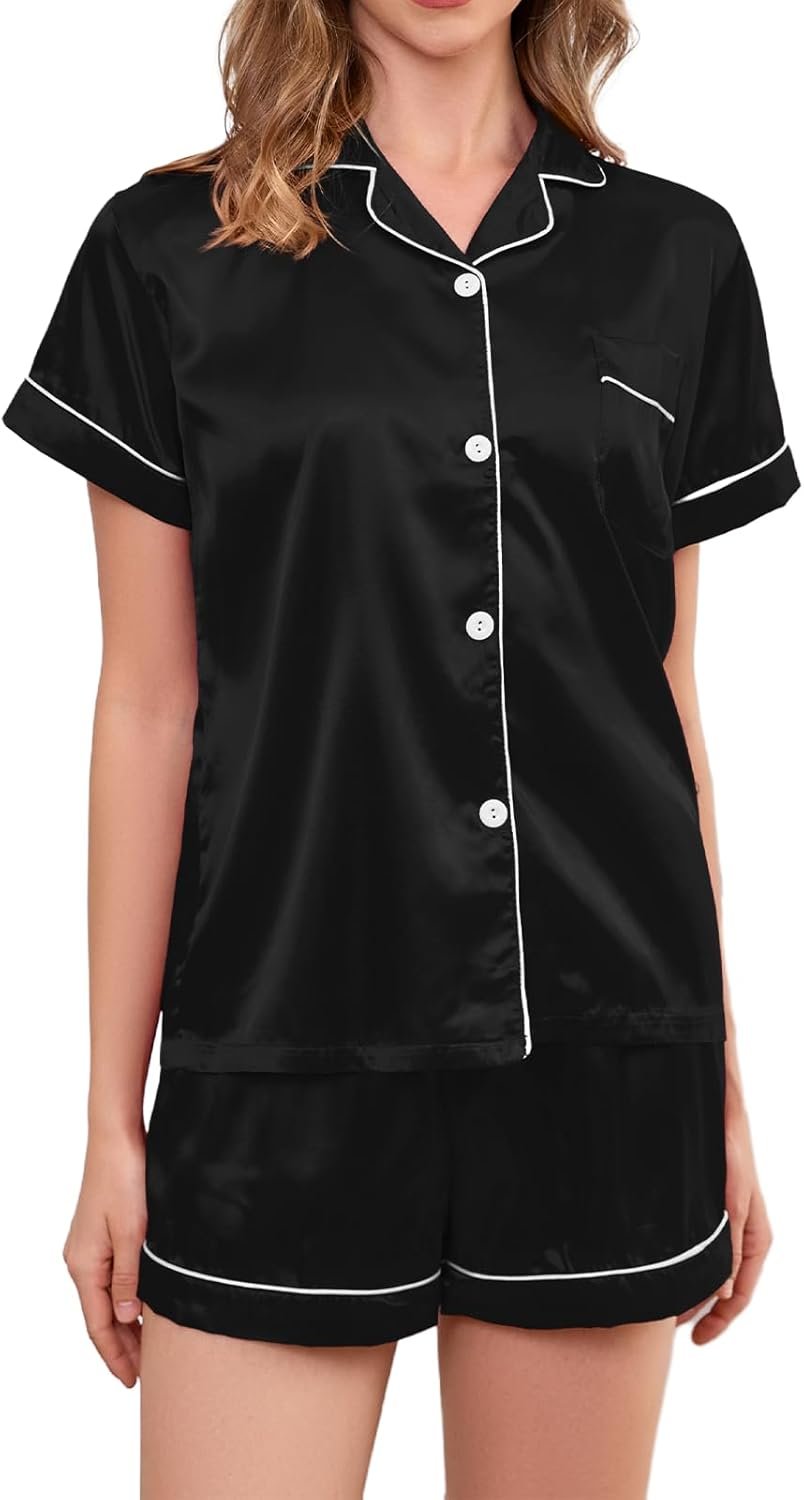 Brezzistaxs Satin Pajama Set for Women 2-Piece Satin PJ Set Button-Down Silk PJ Set – Classic Silky Pajama