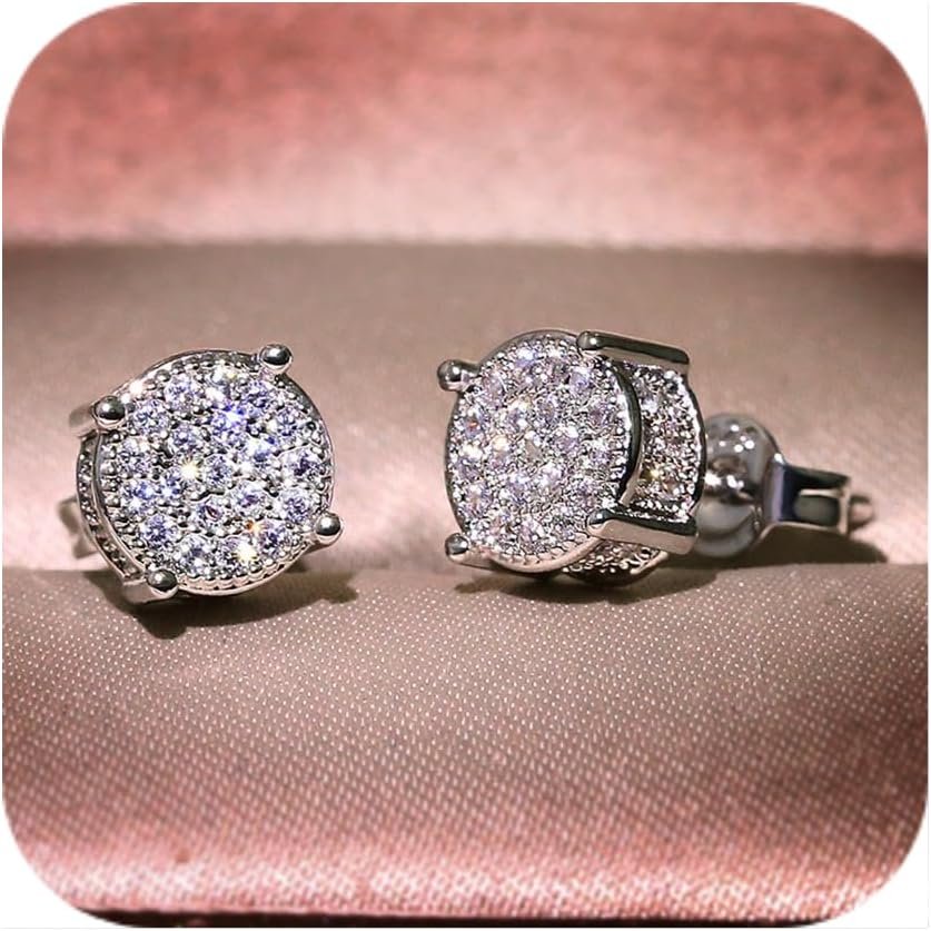 Women Synthetic Diamond Earrings, 18K White Gold Plated Round Square Cubic Zirconia Hypoallergenic Studs Earrings