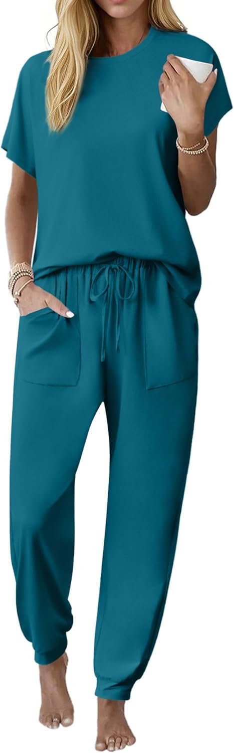 Ekouaer Womens Pajama Sets Short Sleeve Pj Top With Jogger Pants 100% Cotton Pajamas 2 Piece Lounge Set with Pocket