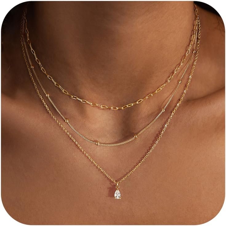 Layered Necklaces for Women,Dainty 14k Gold Plated CZ Layered Choker Necklace for Women Trendy Non Tarnish Hypoallergenic Beaded Paperclip Chain Necklace Stack Women’s Minimalist Gold Jewelry Gifts