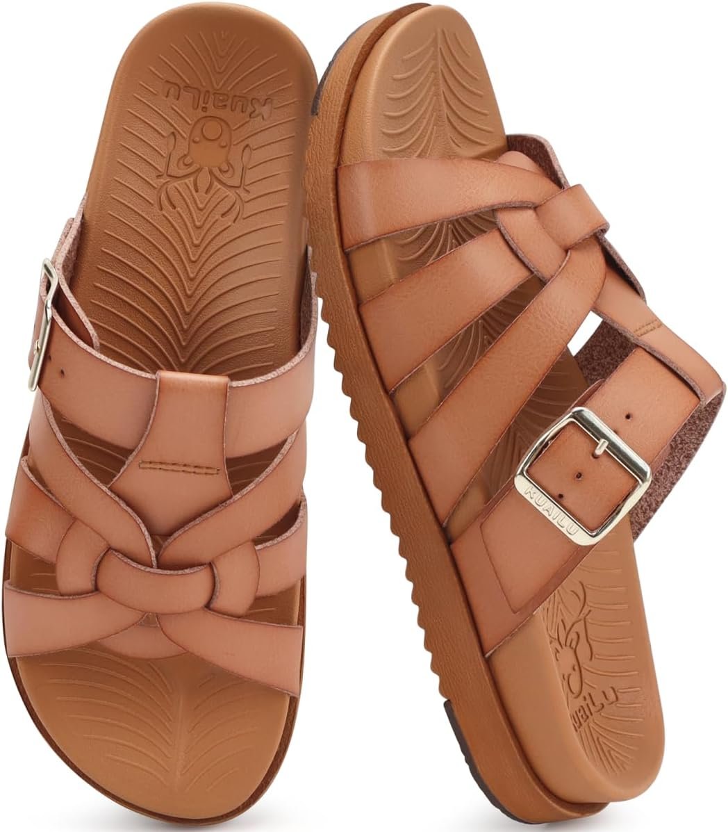 KuaiLu Gladiator Sandals for Women with Comfortable Arch Support Summer Beach Walking Fisherman Slides Boho Outfits Flats Slip on Cushion Shoes Indoor Outdoor