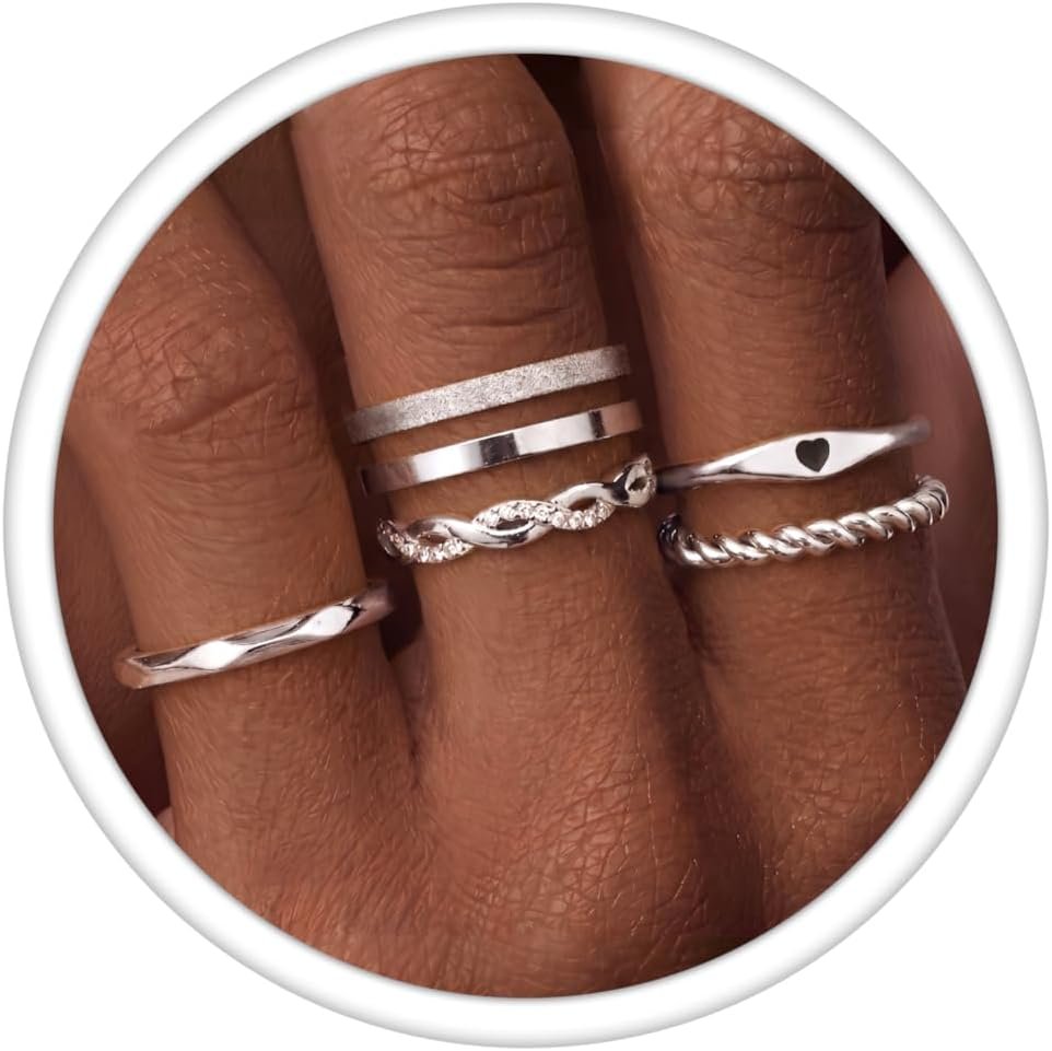 JeryWe 6 Pcs Stainless Steel Rings for Women Set Knuckle Rings Stackable Simple Carve Heart Wedding Bands Engagement Promise Eternity Bands Thumb Rings for Women