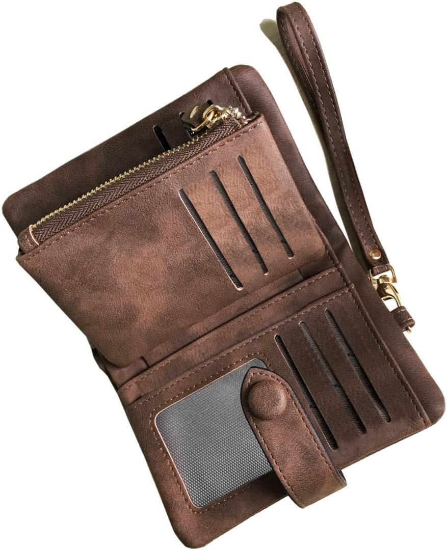 AOXONEL Women’s Small Bifold Leather wallet Rfid blocking Ladies Wristlet with Card holder id window Coin Purse