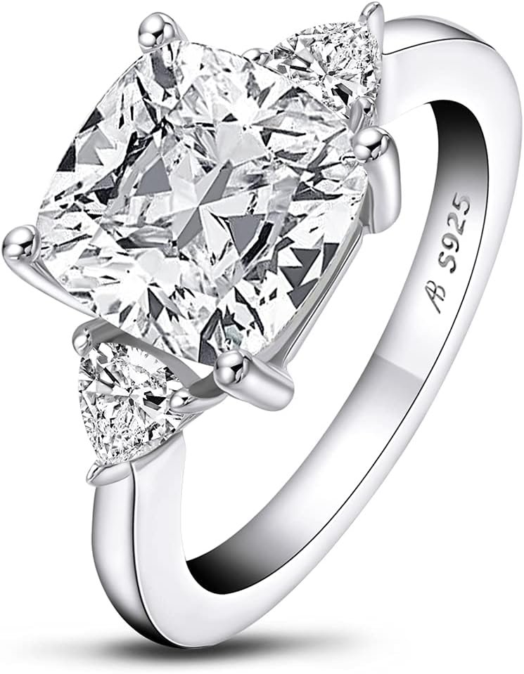 AINUOSHI Engagement Ring, 5.5-6 Carats Cushion/Radiant Cut, 925 Sterling Silver, Imitation Diamond Cubic Zirconia CZ 3-Stone, Anniversary Wedding Ring, Christmas Gift, Jewelry Box Packed