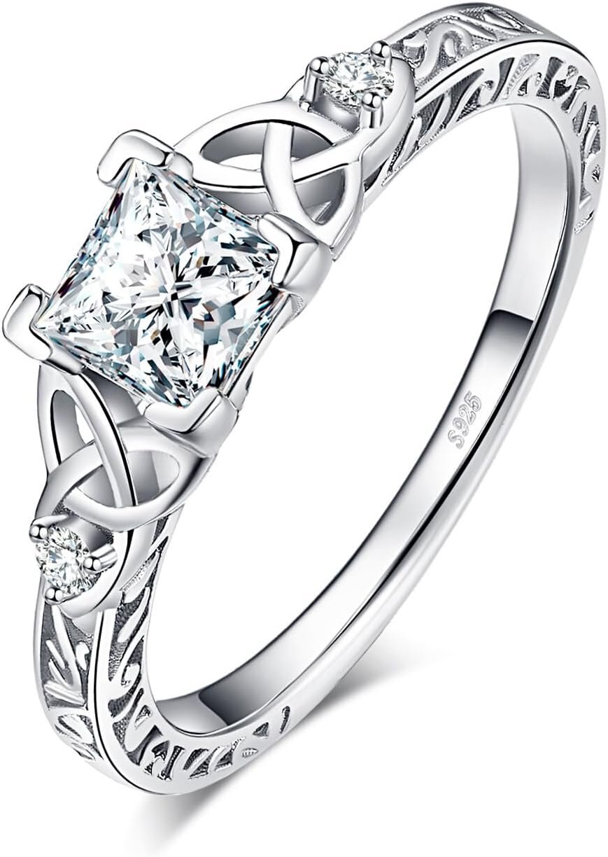 JewelryPalace Vintage Celtic Knot Princess Cut 1.2ct Cubic Zirconia Solitaire Engagement Rings for Women