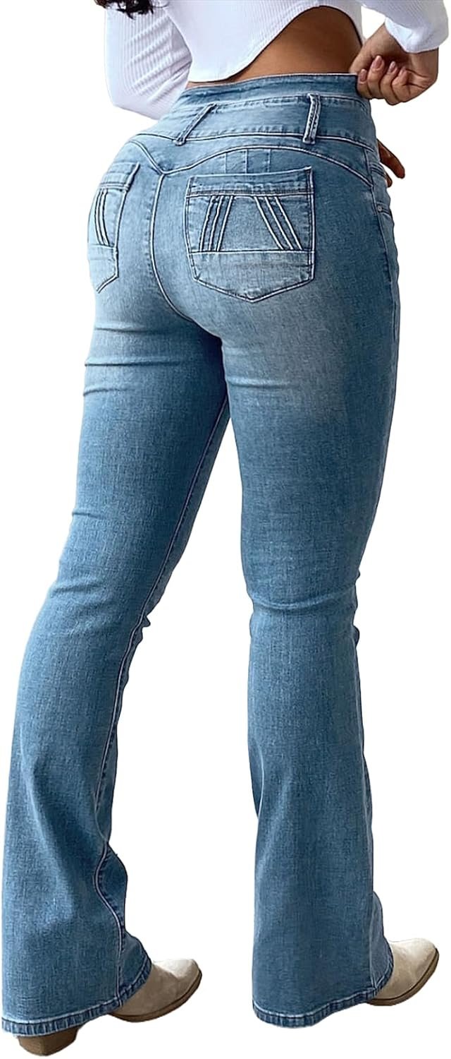 Flamingals Butt Lifting Jeans for Women Trendy High Waist Tummy Control Jeans Bootcut Flare Pants 2XL