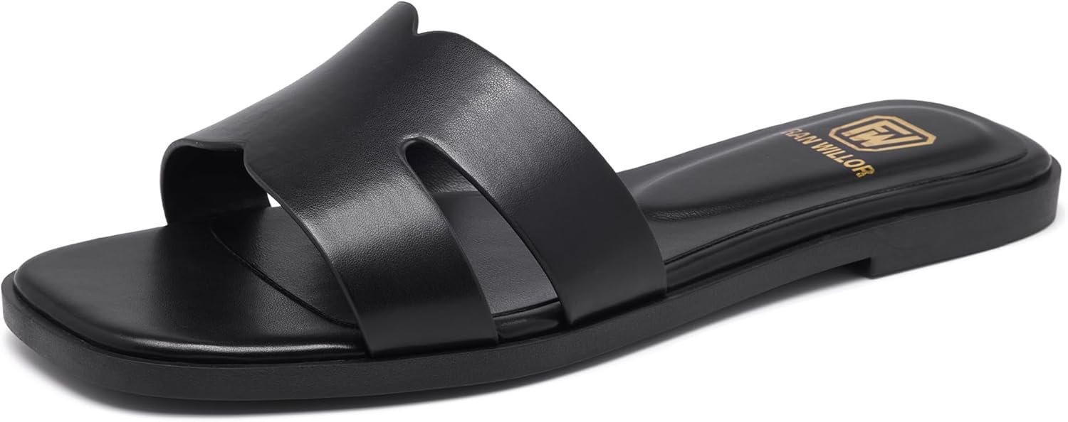 Women’s Flat Sandals Dressy Comfortable Slide Sandals Fashion Square Open Toe Slip On Beach Sandals for Summer