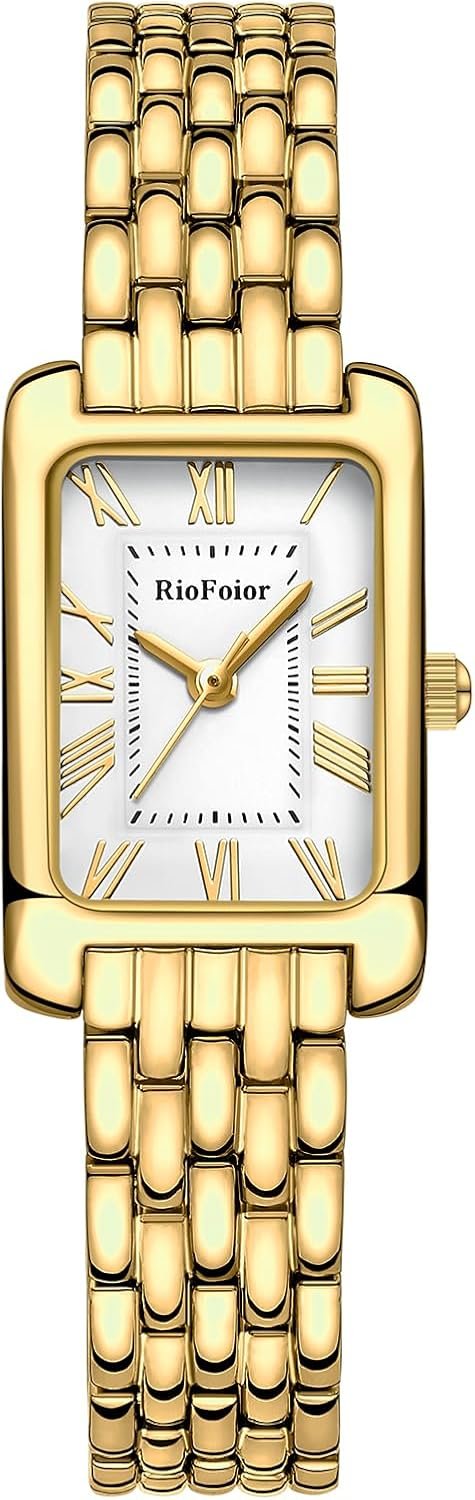 Gold Watches for Women with Rectangular Case Roman Dial,Stainless Steel Band,Waterproof.Adjustment Tool Included