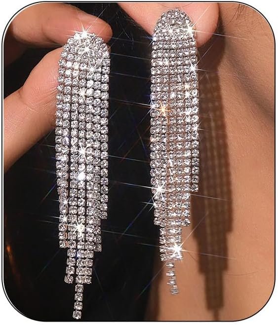 Rhinestone Tassel Earrings Sparkly Long Fringe Crystal Chandelier Dangle Drop Earrings Wedding Party Prom Earrings Premium Iridescent Earrings Wedding Party Jewelry Gifts for Women