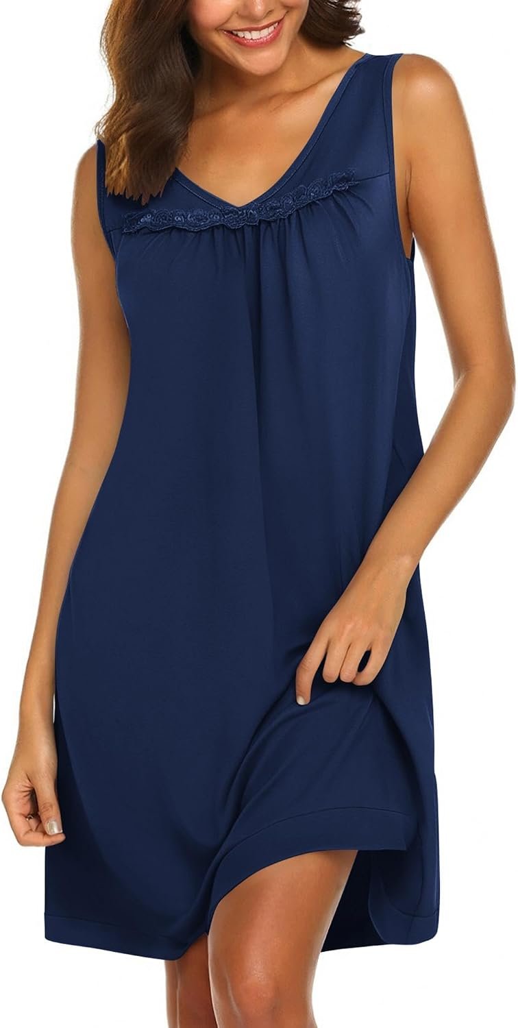 Ekouaer Cotton Nightgowns for Women Sleeveless Night Gown Tank Sleepshirt Wide Strap V Neck Nightshirt S-3XL