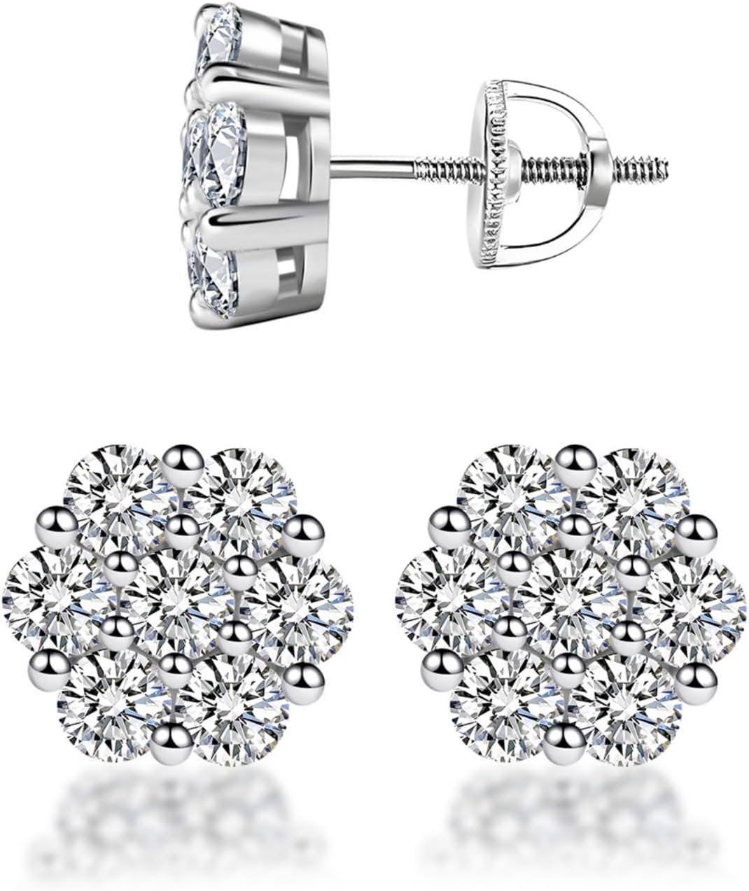 Moissanite Earrings for Men, Sterling Silver S925 Flower Cluster Stud Earrings Hypoallergenic Earrings for Women, 7-Stone Design