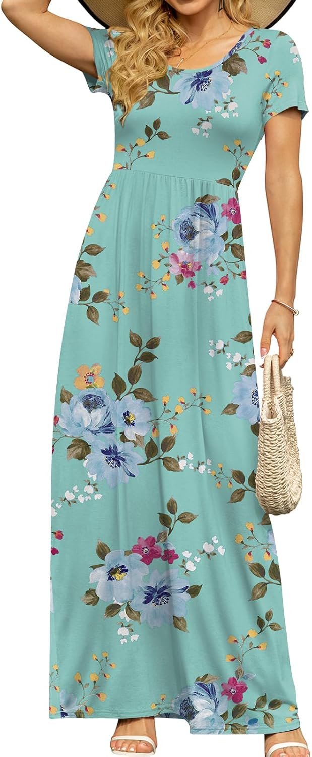 DB MOON Womens 2026 Summer Maxi Dresses Casual Short Sleeve Empire Waist Spring Long Dress with Pockets