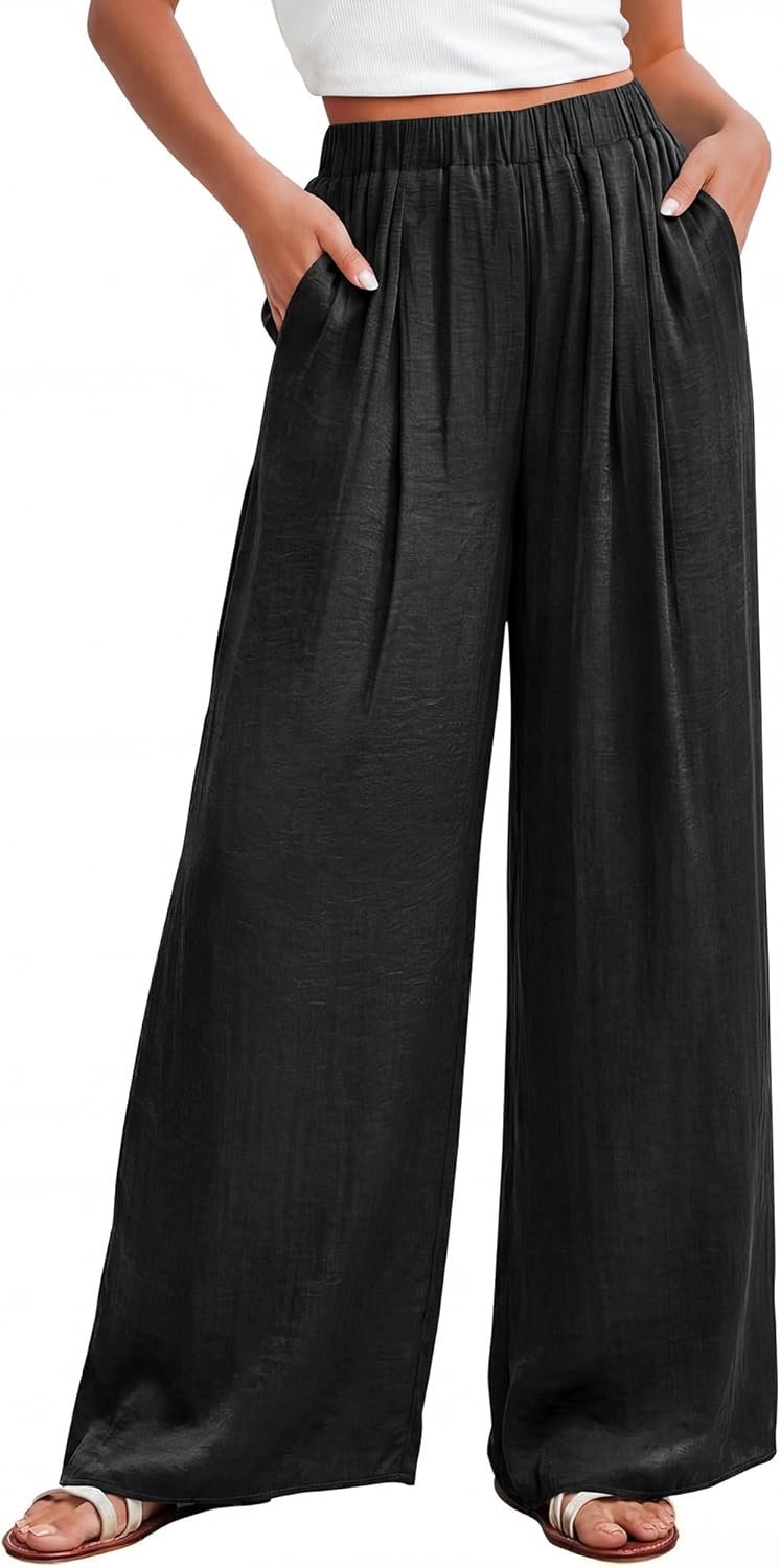 KIRUNDO Flowy Pants for Women Summer 2026 Wide Leg Palazzo Pants Elastic Waist Lounge Trousers Pockets Beach Vacation Outfits
