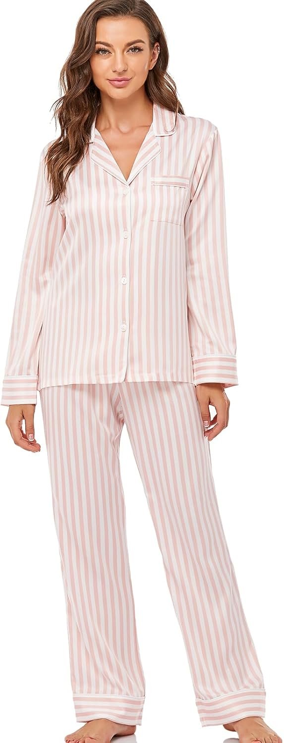 Serenedelicacy Women’s Satin Pajama Set Long Sleeve Button Down Sleepwear 2-Piece Silky Pj Set