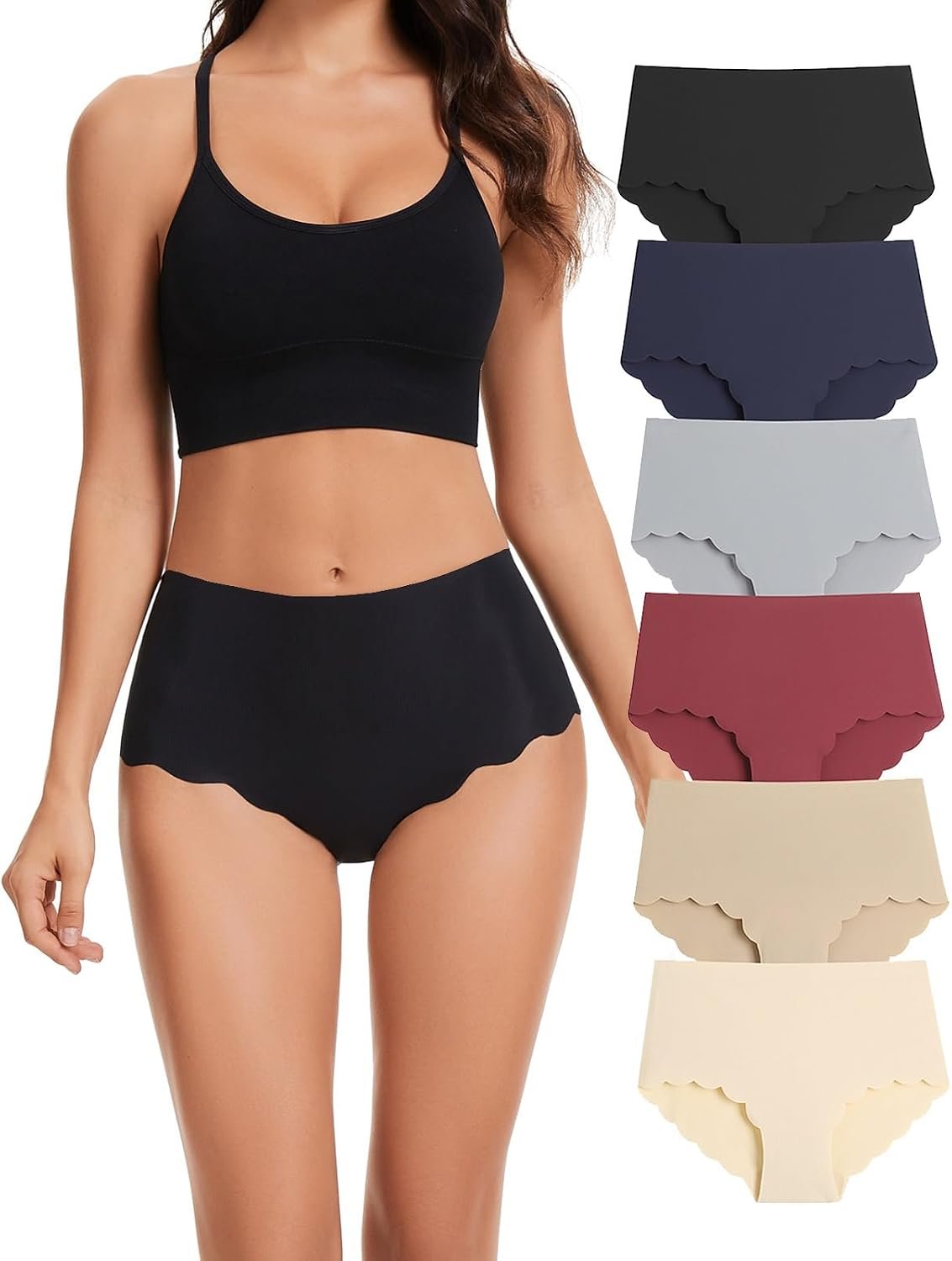 Caterlove Women’s High Waisted Seamless Underwear No Show Panties Cheeky Wave Edge Bikini Breathable Briefs 6 Pack