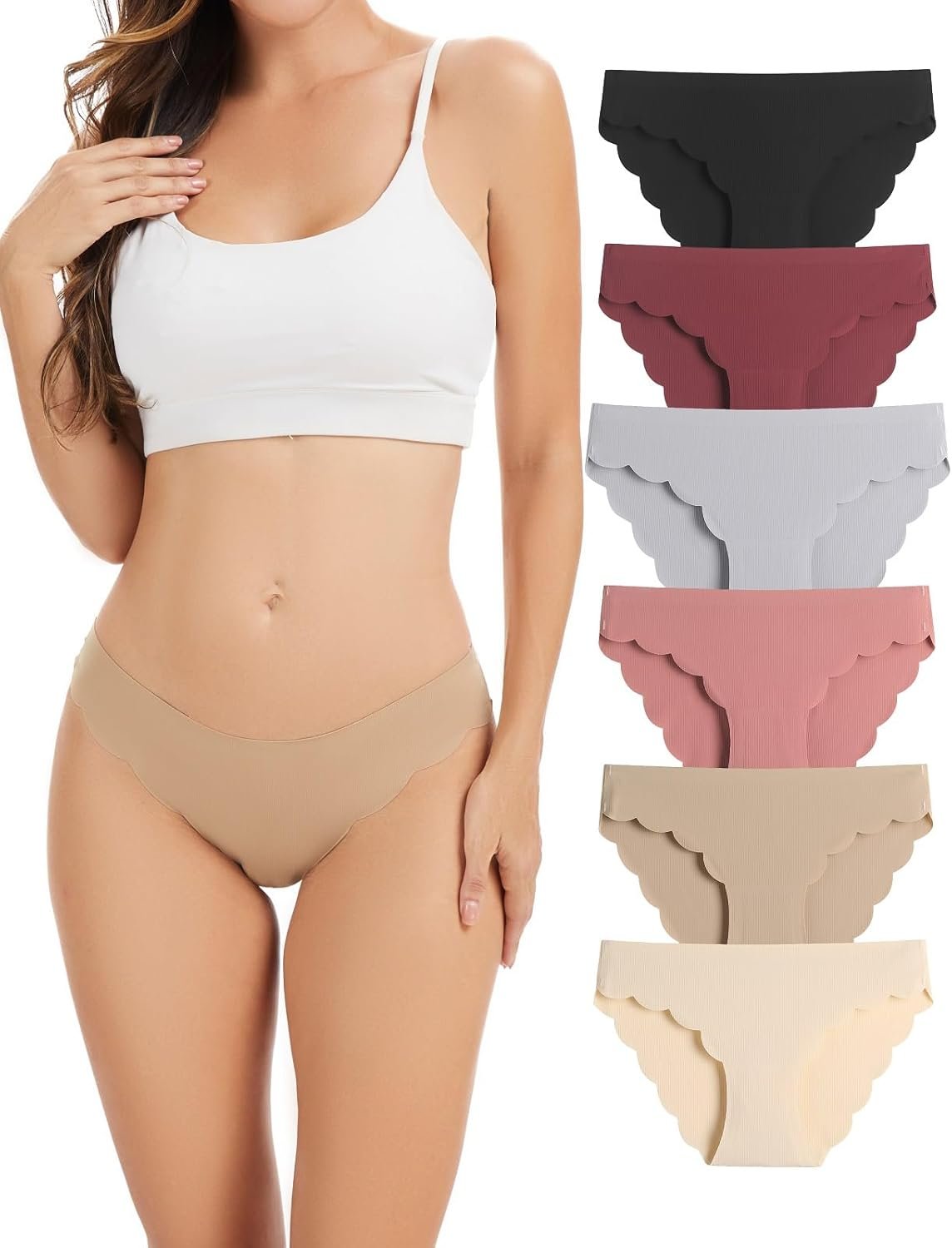 Seamless Underwear for Women No Show Wave Edge Low Rise Bikini Breathable Comfortable Soft Panties 6 Pack